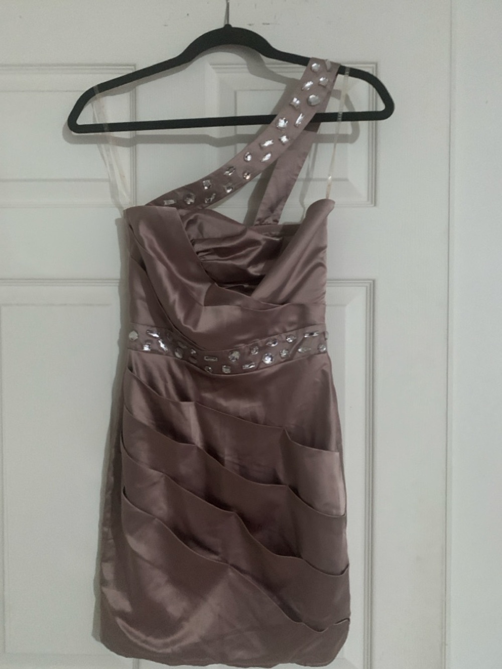 Lipsy One-Shoulder Satin Dress in Dusty Mauve with Crystal Accents